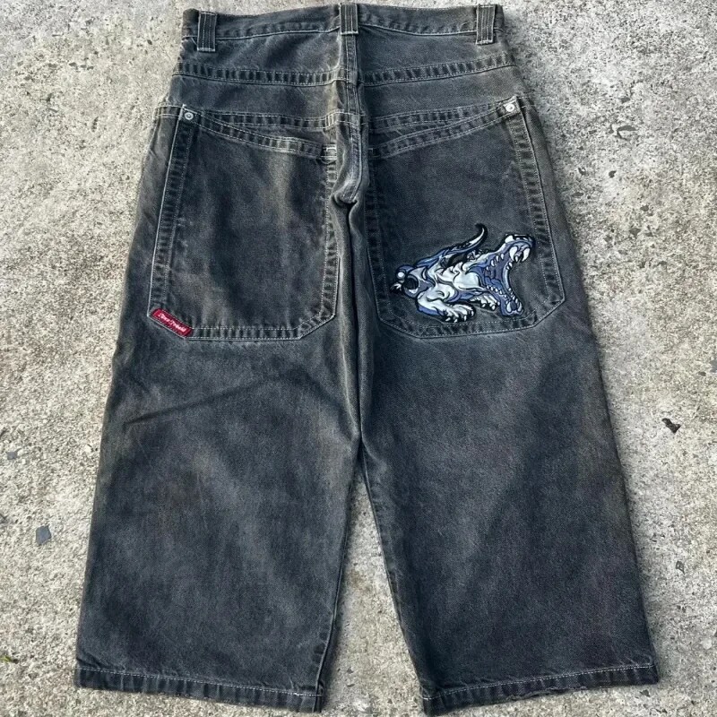 Spontork Retro Skull Graphic Embroidered JNCO Jeans New Harajuku Hip Hop Baggy Jeans Denim  Pants Men Women Goth High Waist Wide Trousers Pants