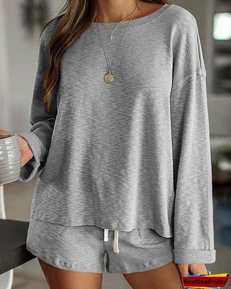 Round Neck Long Sleeves Solid Color Attractive Top & Short Sets