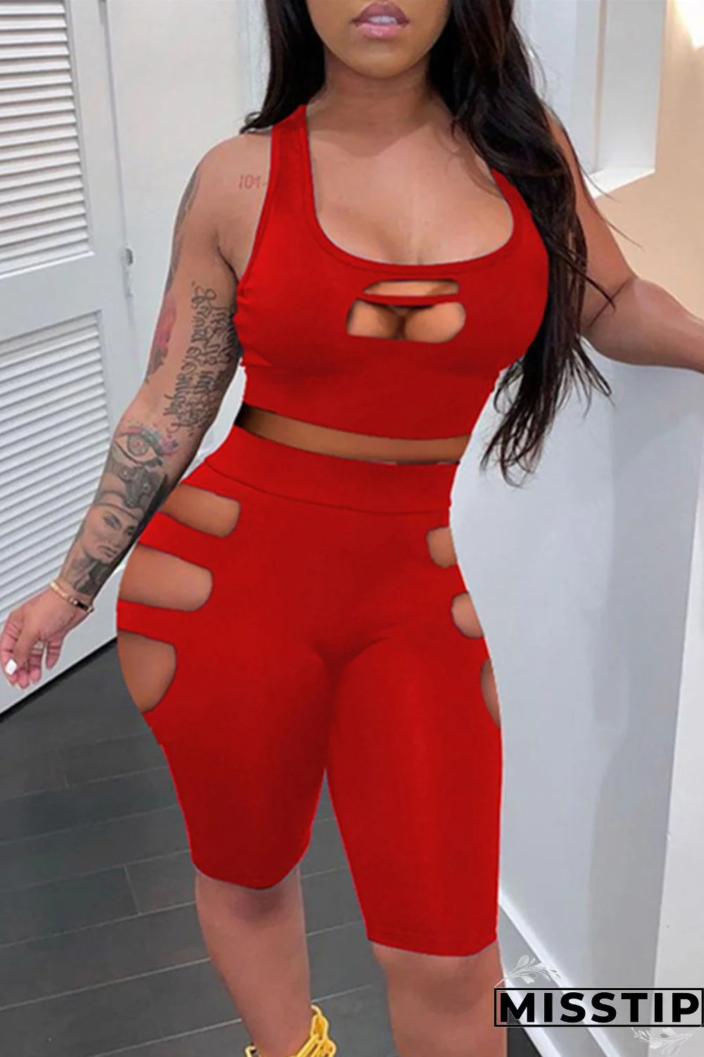 Red Sexy Casual Solid Hollowed Out U Neck Sleeveless Two Pieces