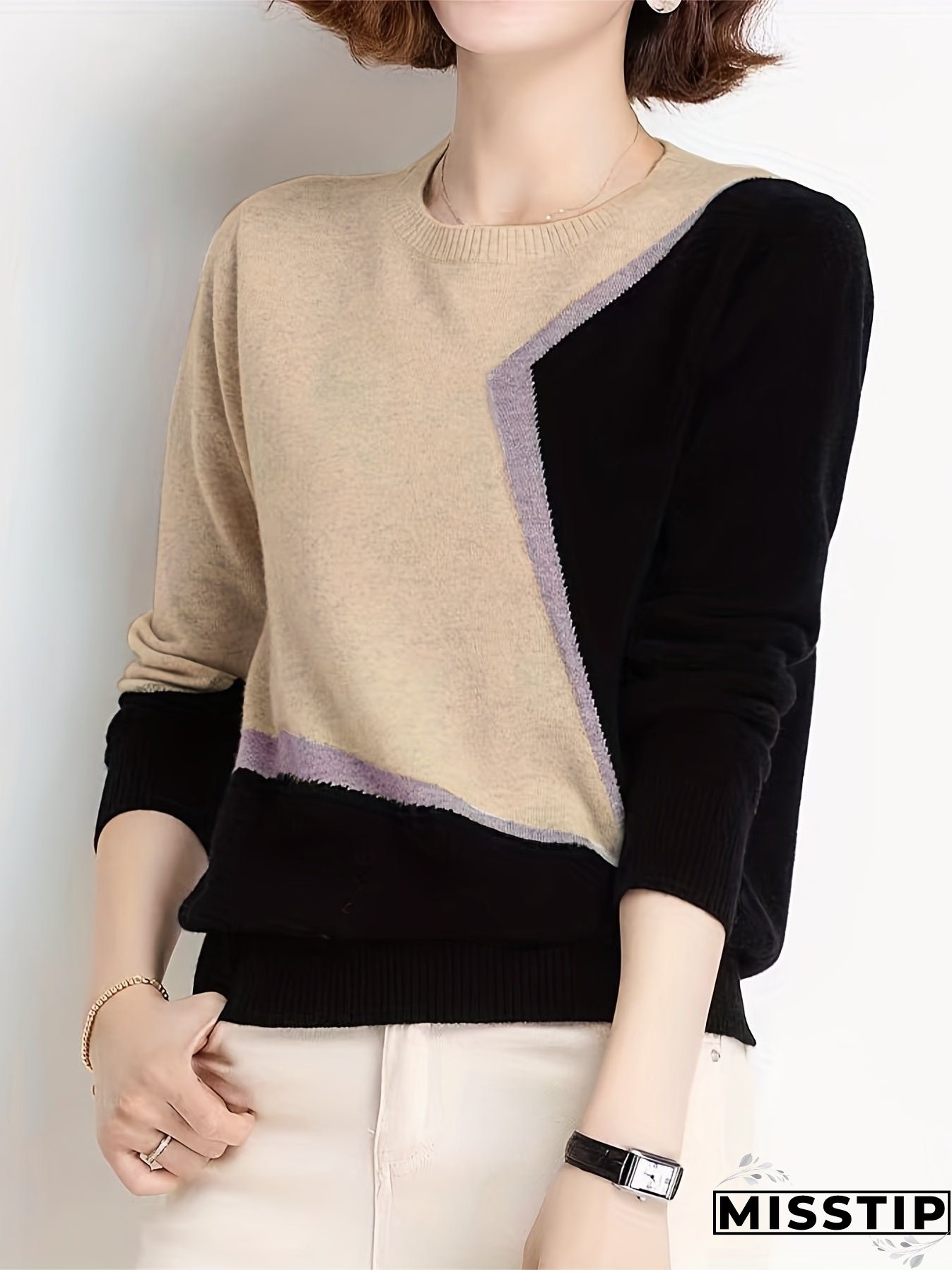 Color Block Knitted Sweater Womens Clothing Casual For Spring Fall