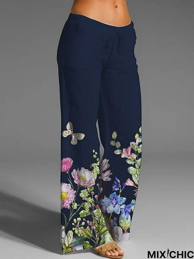 Women's Wide Leg Pants Trousers Cotton And Linen White Navy Blue Dark Grey Fashion Casual Daily Side Pockets Print Full Length Comfort Flower / Floral S M L XL XXL