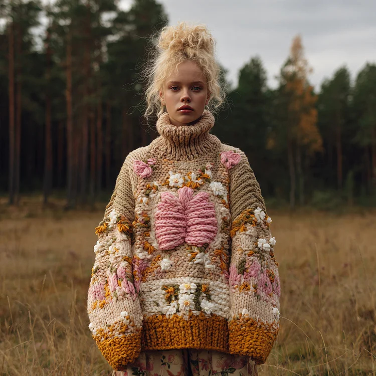 Women's Human Organ And Floral Embroidery Art Knit Turtleneck Sweater