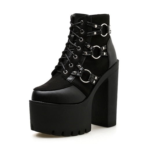 Gdgydh 2022 Spring Fashion Motorcycle Boots Women Platform Heels Casual Shoes Lacing Round Toe Shoes Ladies Autumn Boots Black