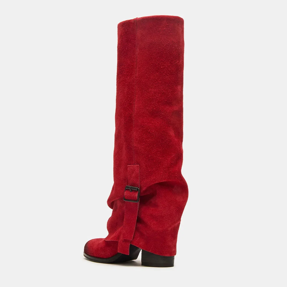 Fashion Red Round Toe Chunky Heel Buckle Fold Over Tall Boots
