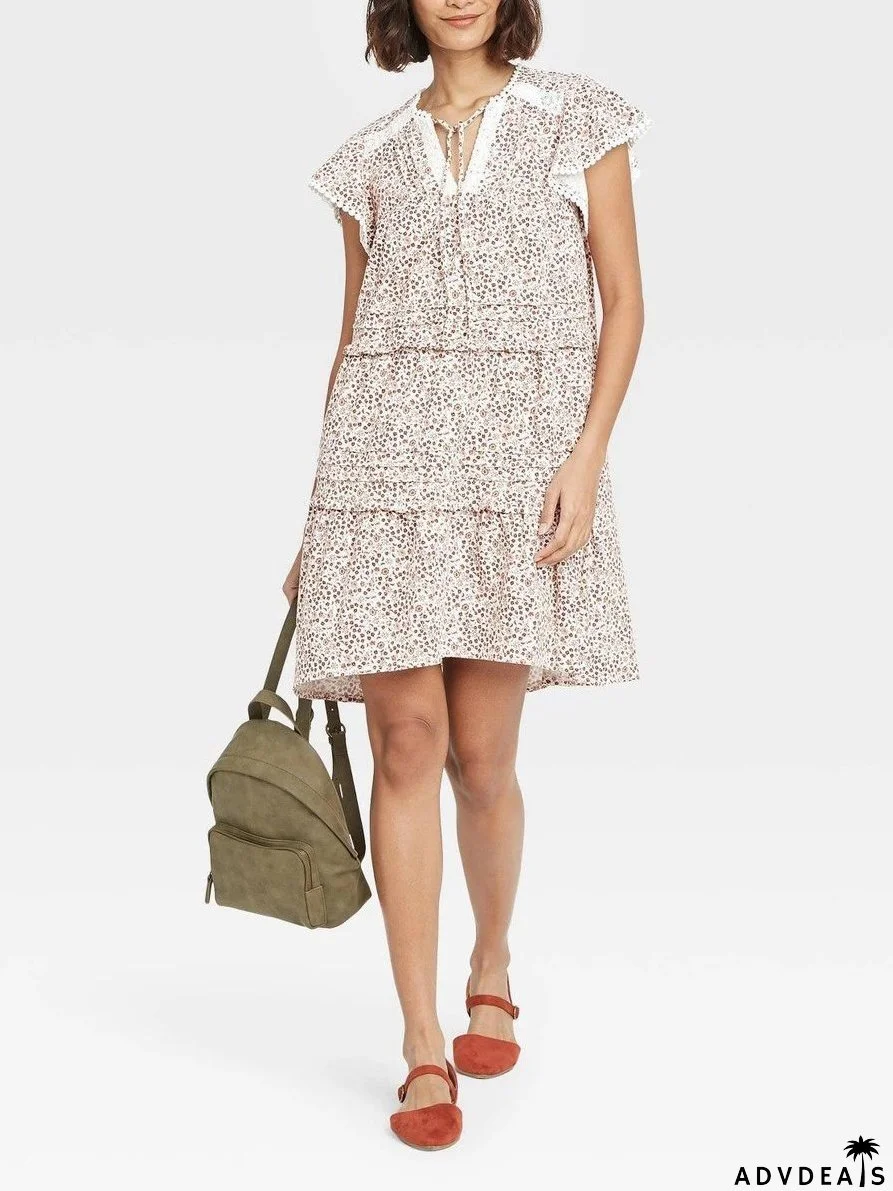Women's Short Sleeve Knit Tiered Floral Dress