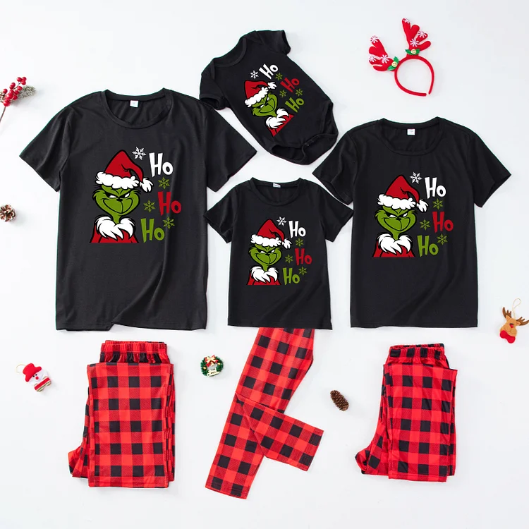 Grinch Santa 'Ho Ho Ho' Cartoon Print Short Sleeve Family Matching Pajamas Sets