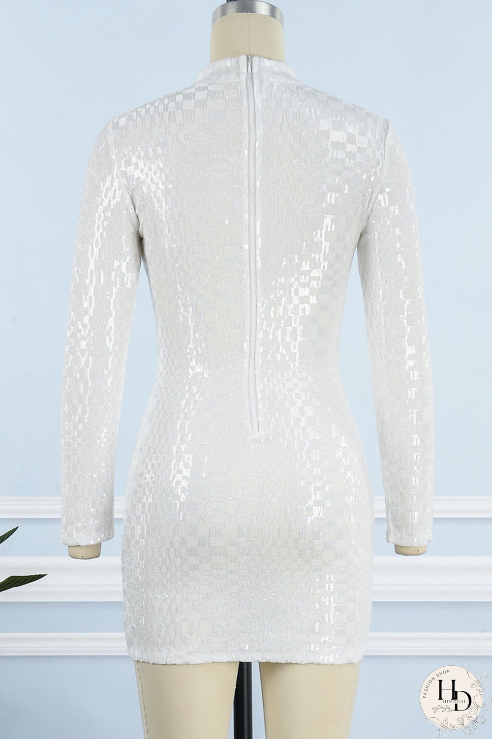 White Sexy Solid Sequins Patchwork Half A Turtleneck Pencil Skirt Dresses