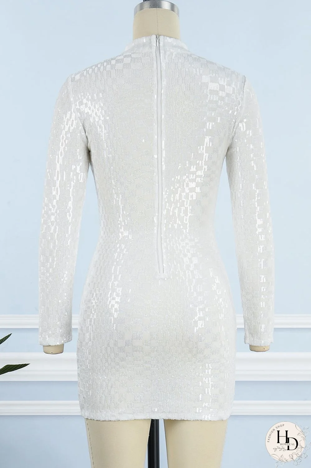 White Sexy Solid Sequins Patchwork Half A Turtleneck Pencil Skirt Dresses