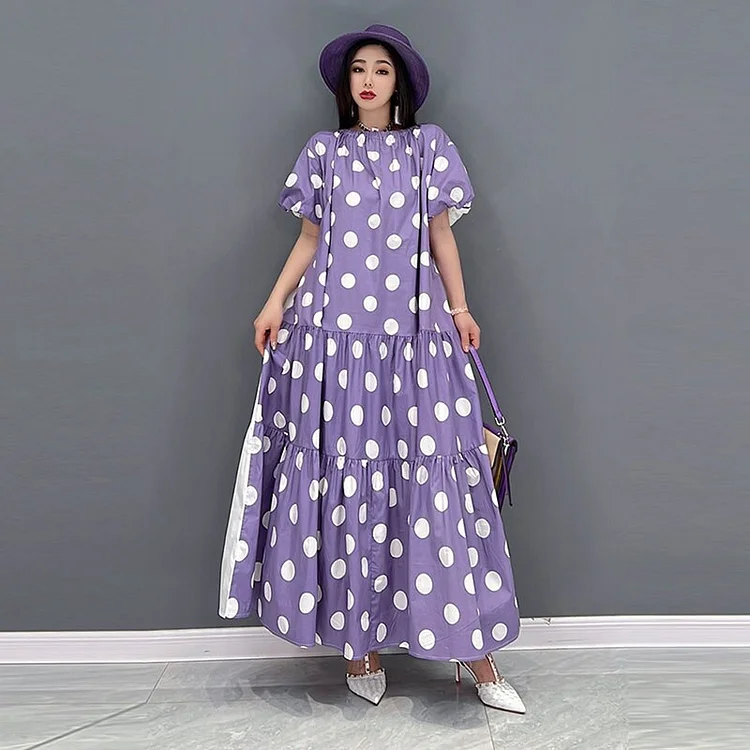 Casual Loose O-neck Dot Patchwork Double-sided Stitching Puff Sleeves Dress