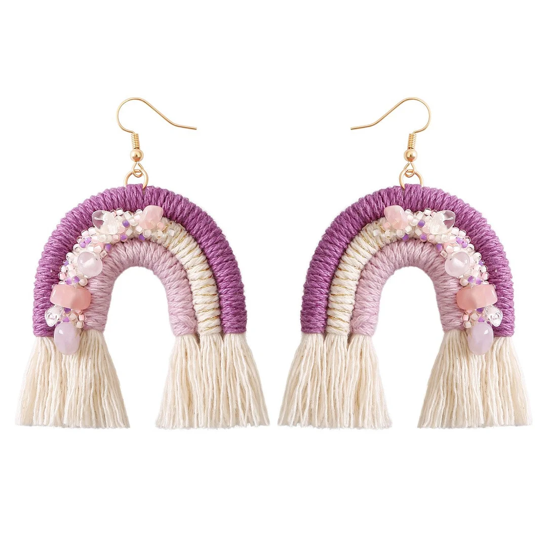 Dvacaman Ethnic Handmade Weave Macrame Earrings Cotton Thread Feather Fringe Tassel Earrings Wedding Jewelry Women Accessories