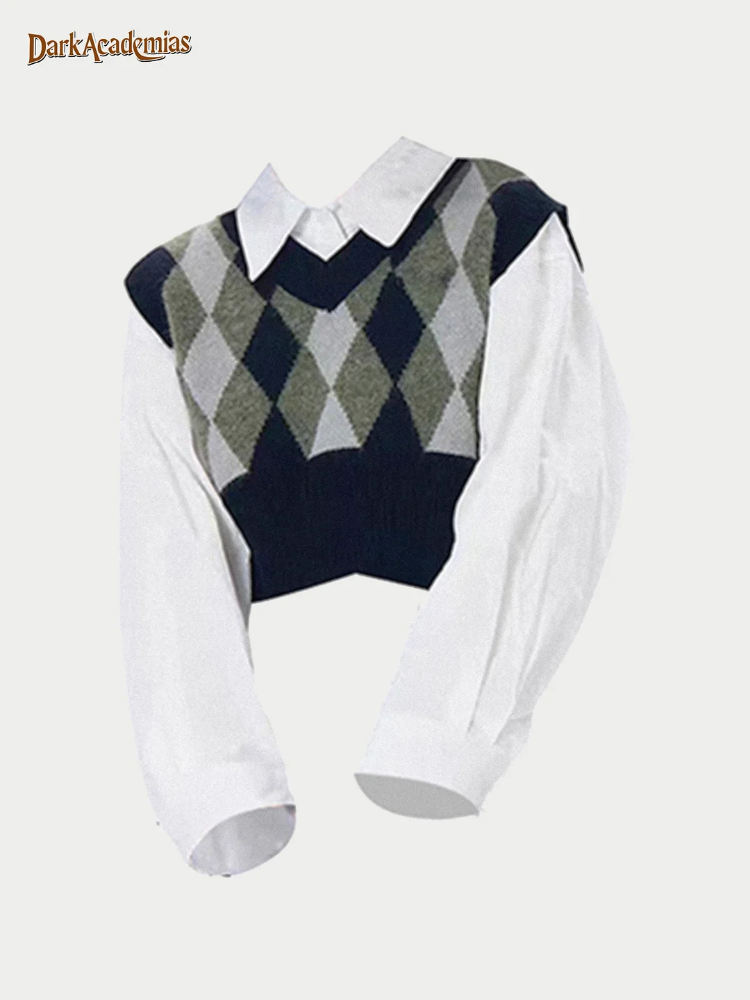 Two-piece Set Of Vintage Diamond Knitted Sweater And Plain White Shirt / DarkAcademias /Darkacademias
