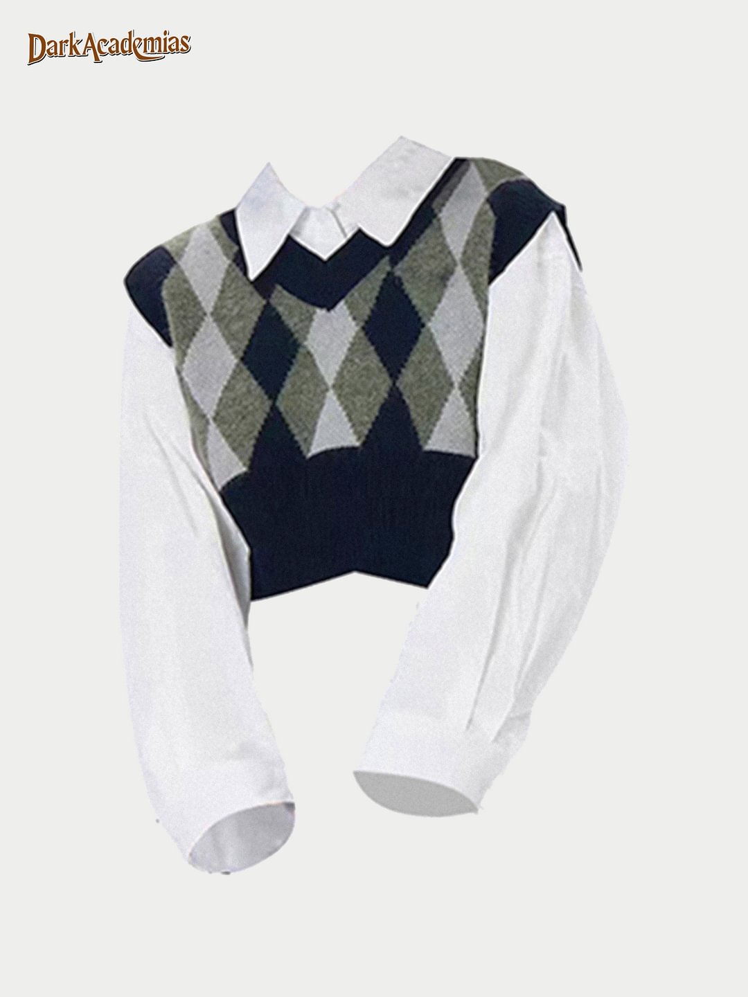 Two-piece Set Of Vintage Diamond Knitted Sweater And Plain White Shirt