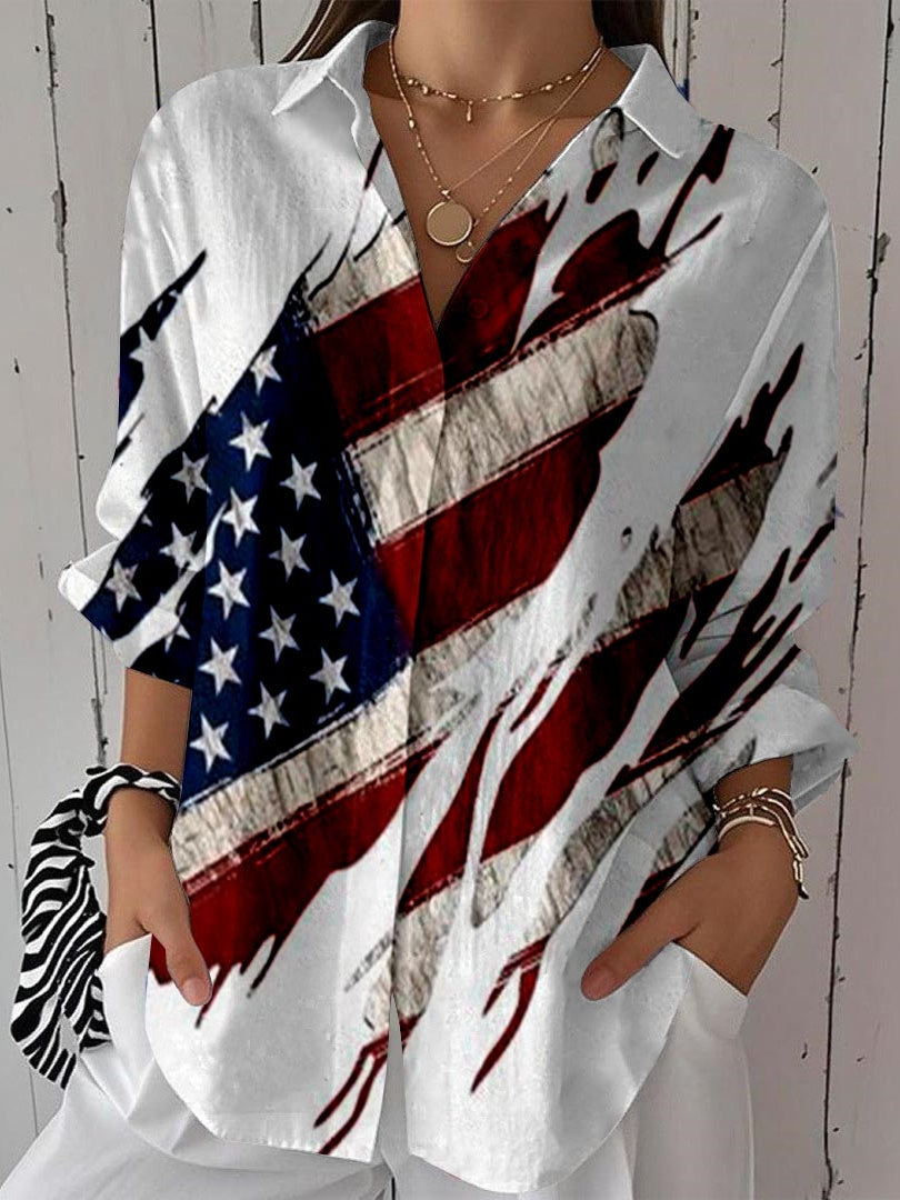Women 3/4 Sleeve Shirt Collar National Flag Printed Graphic Button Tops