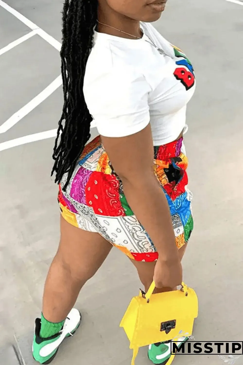 Yellow Casual Print Patchwork O Neck Plus Size Two Pieces