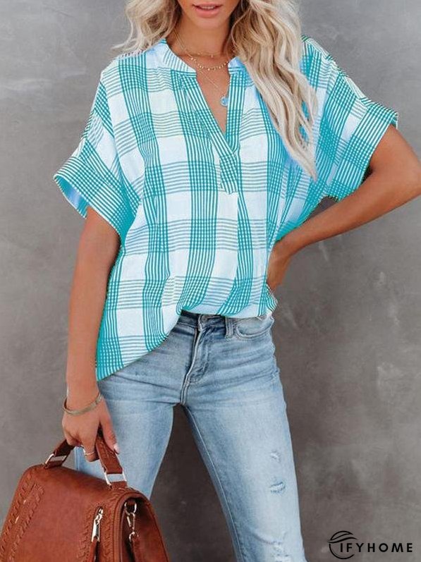 Women's Blouses V-Neck Plaid Short Sleeve Blouse | IFYHOME