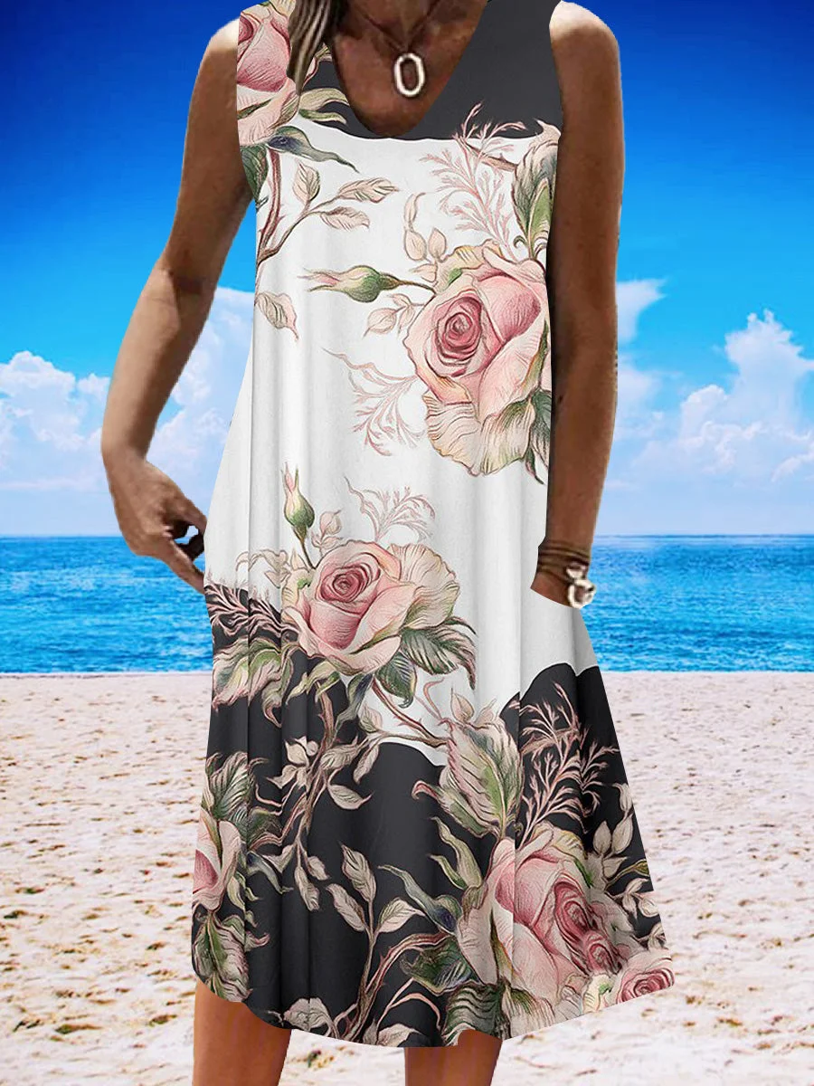 Women Half Sleeve V-neck Solid Color Dress