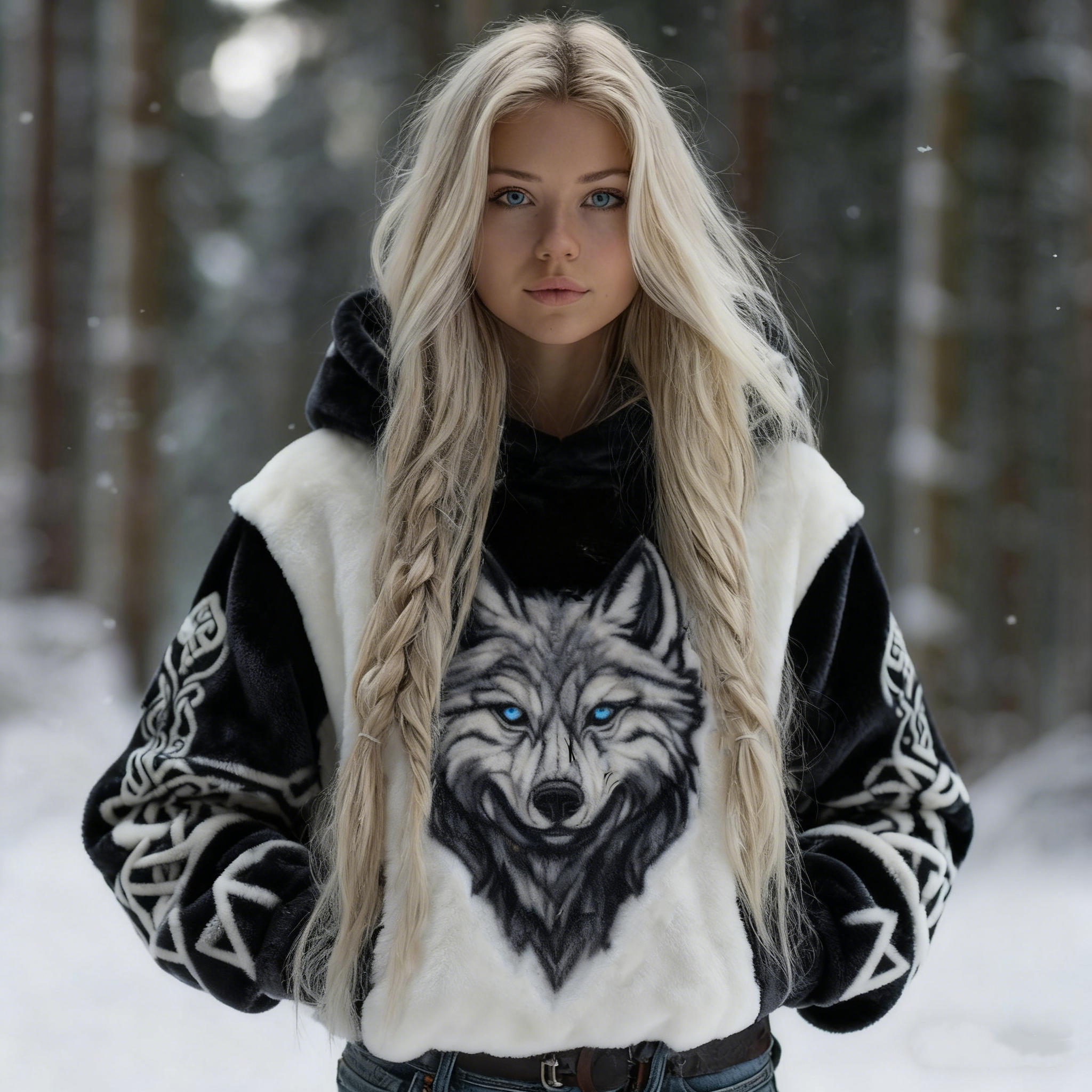 Women's Vintage Viking Celtic Knot And Wolf Pattern Plush Hoodie elevenforest