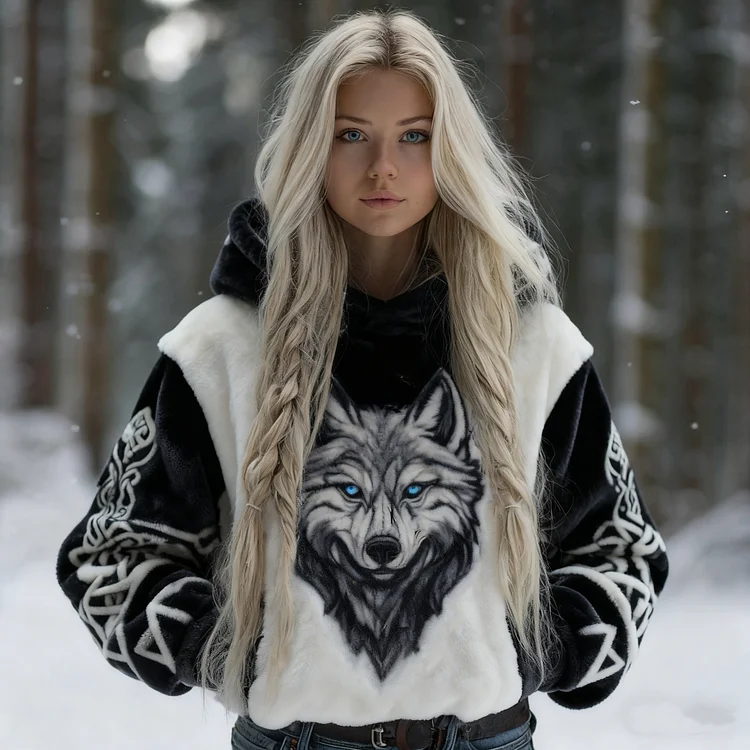 Women's Vintage Viking Celtic Knot And Wolf Pattern Plush Hoodie