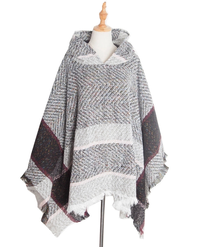 Factory Direct Supply New Spring And Autumn And Winter Fish Bone Pattern Ladies Hooded Shawl Pullover Cloak