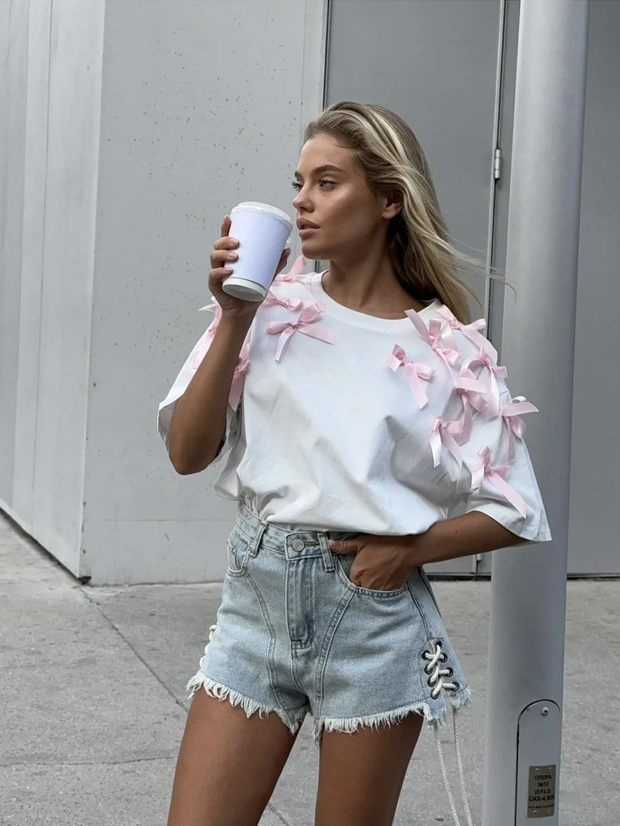 Athvotar Athvotar Girl Ribbon Bow Loose Short-Sleeved T-Shirt In Wind Loose Cotton Casual Blouse