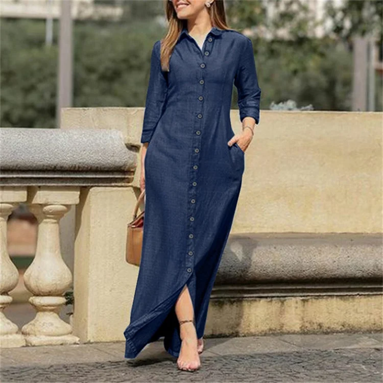 Fashionable Button Down Long Sleeve Denim Maxi Dress