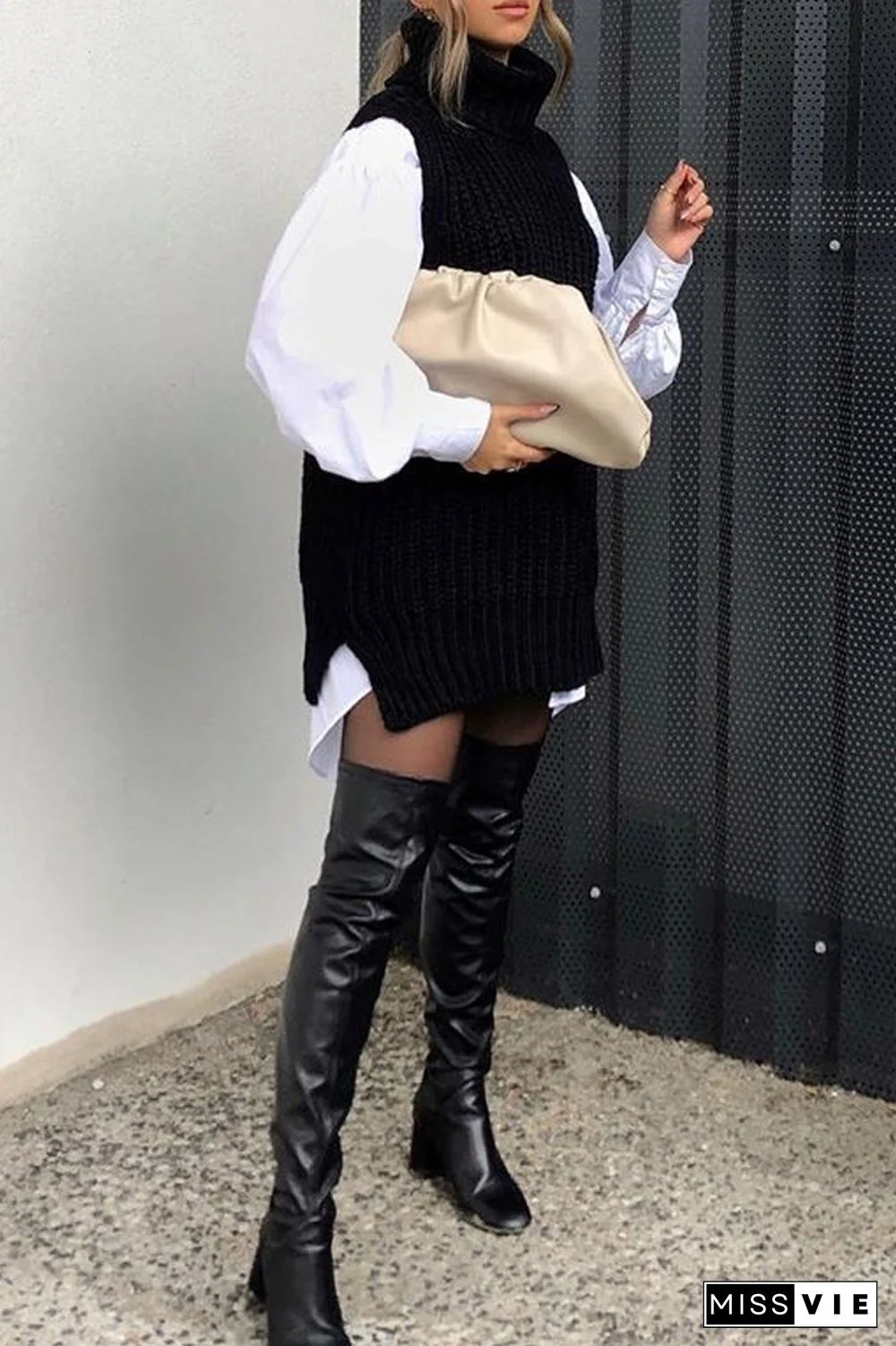 Turndown Collar Sleeveless Casual Sweater