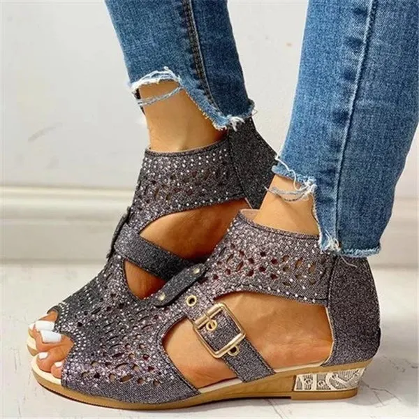 Studded Hollow Out Peep Toe Buckled Sandals
