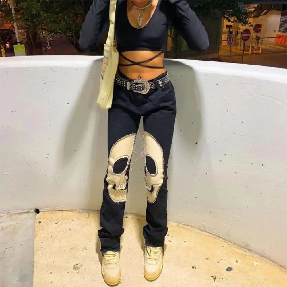 Ingvn - Womens Fashion Skull Patterned Low Rise Jeans Streetwear Women Clothing Black Denim