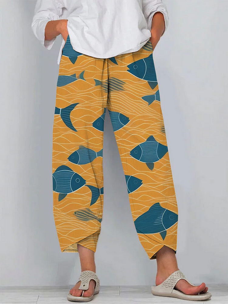 Japanese Yellow Sardines Art Print Cropped Pants