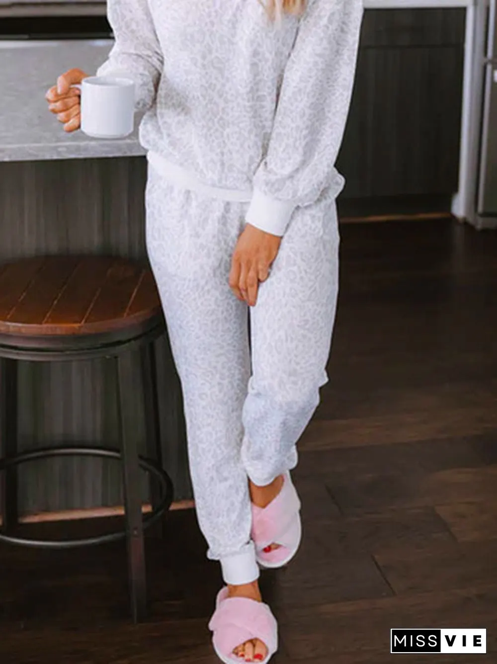 Loose Leopard Crew Neck Two Piece Sets