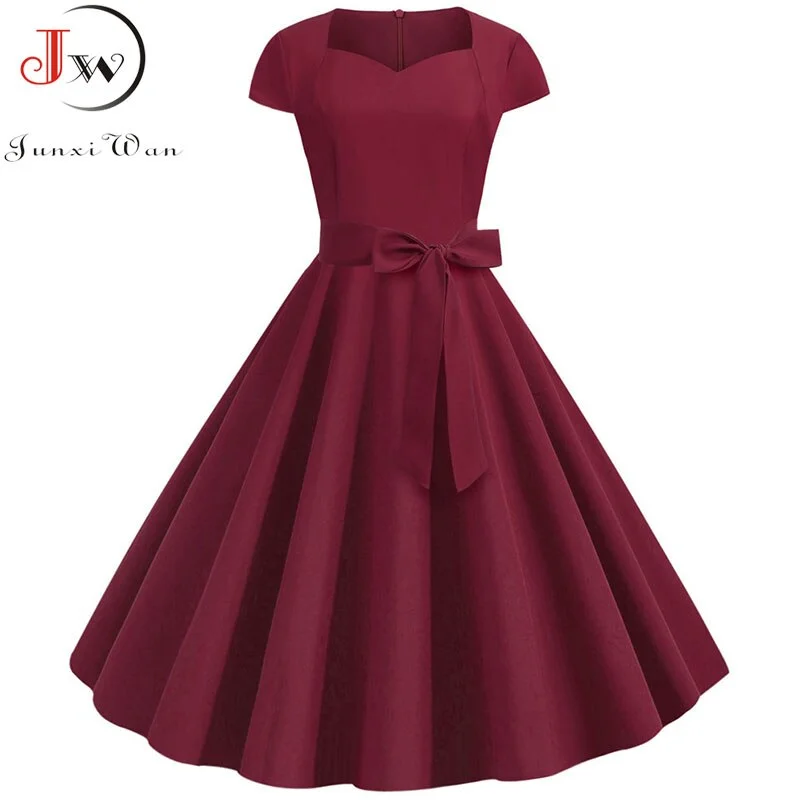 Summer Vintage Dress Robe Femme Women Solid Red Black Square Collar Retro Rockabilly Party Dresses Belt Vestidos