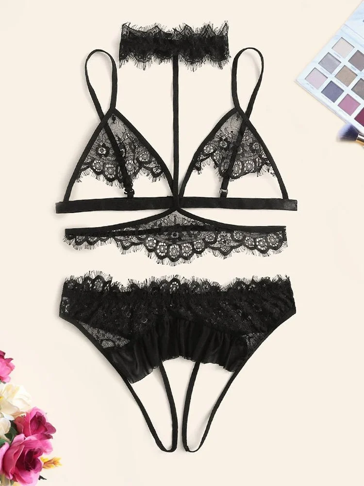 Floral Lace Lingerie Set With Chain Linked Choker