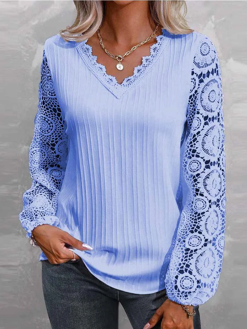Women Long Sleeve V-neck Solid Lace Tops