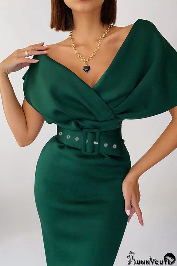 Ink Green Elegant Solid Split Joint With Belt V Neck One Step Skirt Dresses