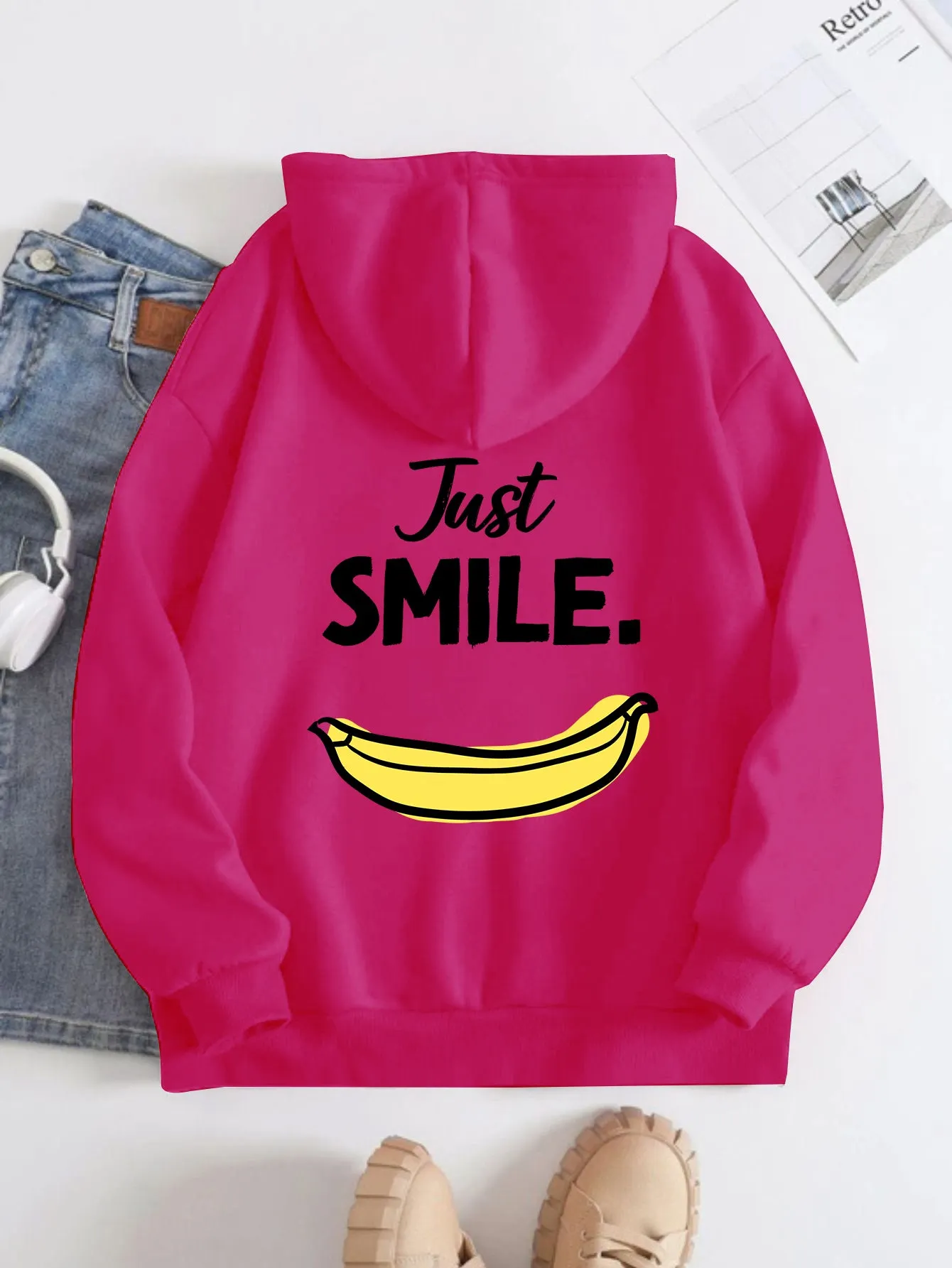 Printed on the Back Kangaroo Pocket Hoodie Long Sleeve for Women Pattern Just Smile