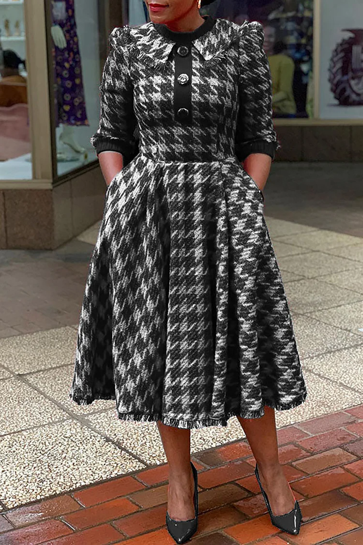 Plus Size Business Casual Midi Dresses Elegant Black Houndstooth Fall Winter Crew Neck 3/4 Sleeve Cotton Midi Dresses With Pocket [Pre-Order]