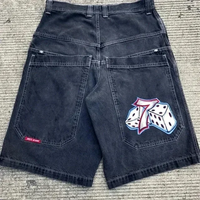 Nulclover fall outfits Hip Hop Retro Skull Embroidery JNCO Shorts Y2K Retro Denim Gym Baggy Jeans Shorts Black Pants High Waist Mens Basketball Short