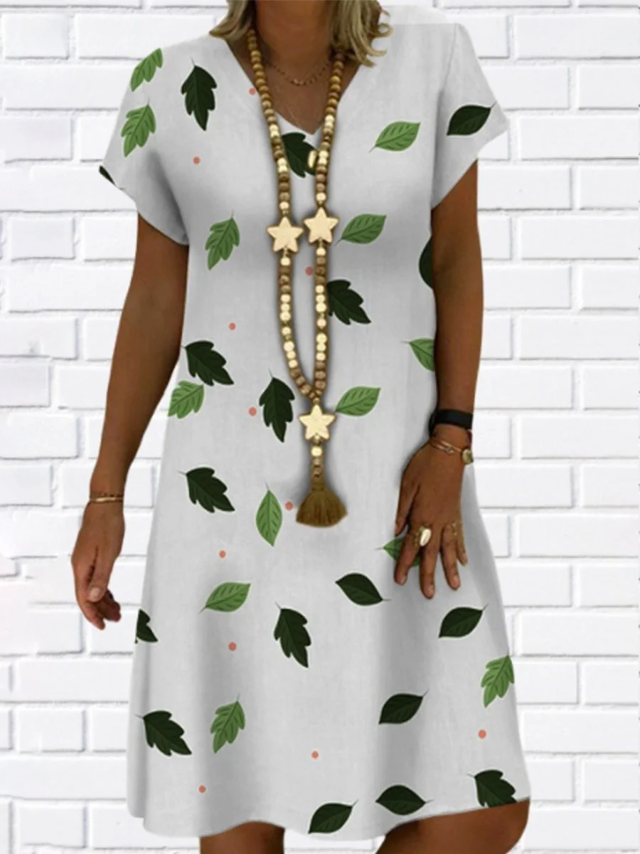 V-neck Loose Casual Tree Print Long Sleeve Short Dress
