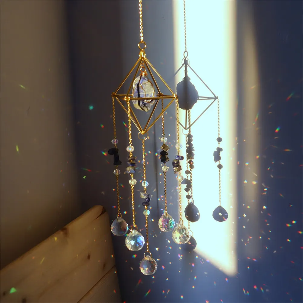 Crystal Wind Chimes Natural Stone Prism Light Catcher Decor (Dark Blue)