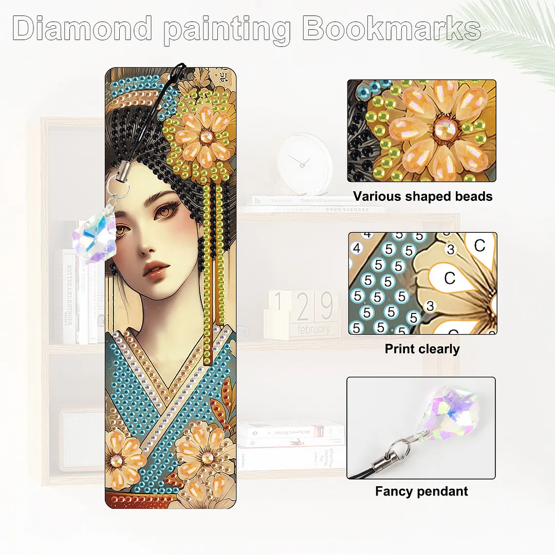 4Pcs Oriental Beauty DIY Diamond Bookmark Art Projects Irregular Shaped Diamonds Diamond Painting Art Bookmarks with Crystal Pendants for DIY Making Beginners Adult Art Craft Supplies