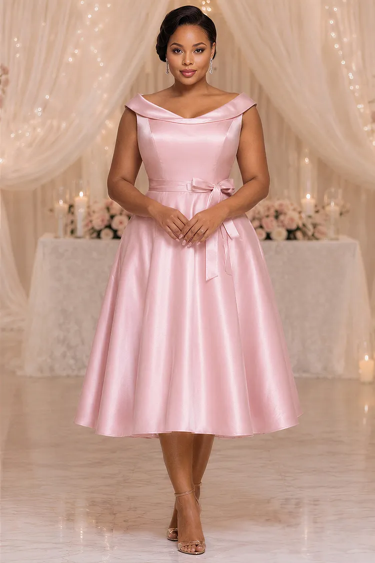 Xpluswear Design Plus Size Wedding Guest Pink V Neck Bow Tie Pocket Satin Midi Dresses [Pre-Order] 2024 - Xpluswear