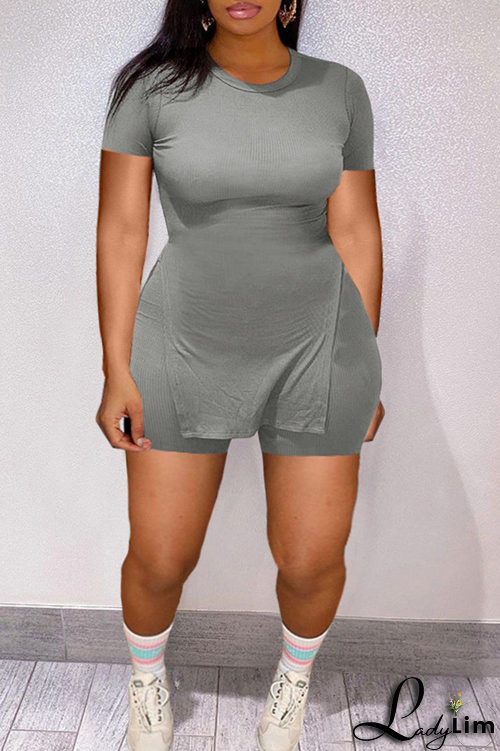 Black Fashion Casual Solid Slit O Neck Plus Size Two Pieces