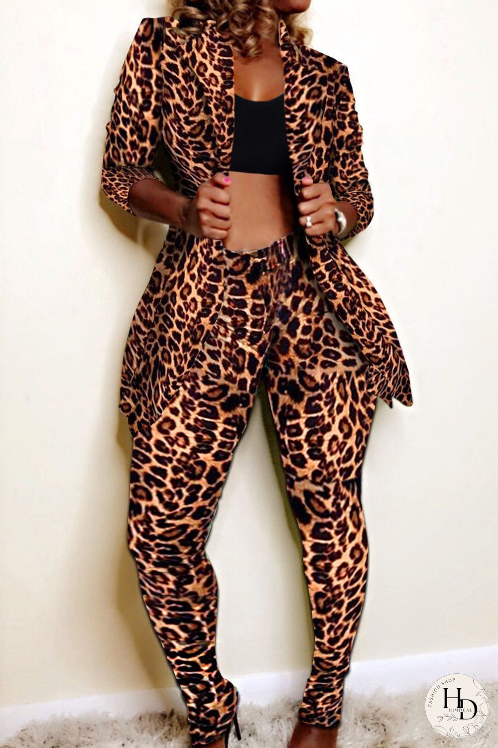 Turquoise Fashion Casual Print Cardigan Pants Turndown Collar Plus Size Two Pieces