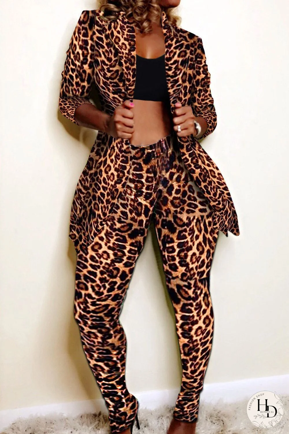 Turquoise Fashion Casual Print Cardigan Pants Turndown Collar Plus Size Two Pieces