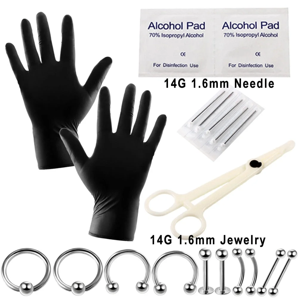 Body Piercing Kit With Needle Pack Nose Septum Belly Button Piercing Tool Kit Ear Tragus Nipple Eyebrow Labret Pircing Set Clamp