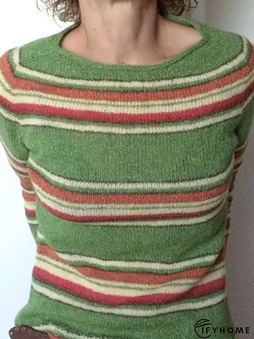 Green Knitted Long Sleeve Crew Neck Top | IFYHOME