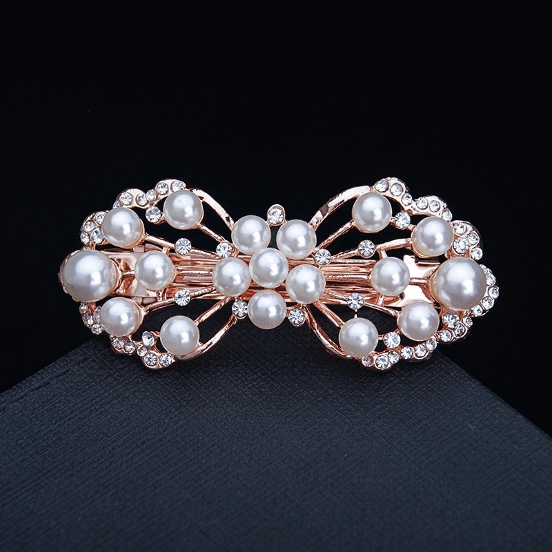 Korean Hair Accessories Rhinestone Bow Simple Hairpin Adult Pearl Horizontal Clip Ponytail Clip Top Clip Spring Clip Small