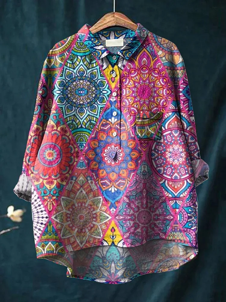 Hippie Style Geometric Pattern Printed Womens Casual Cotton And Linen Shirt