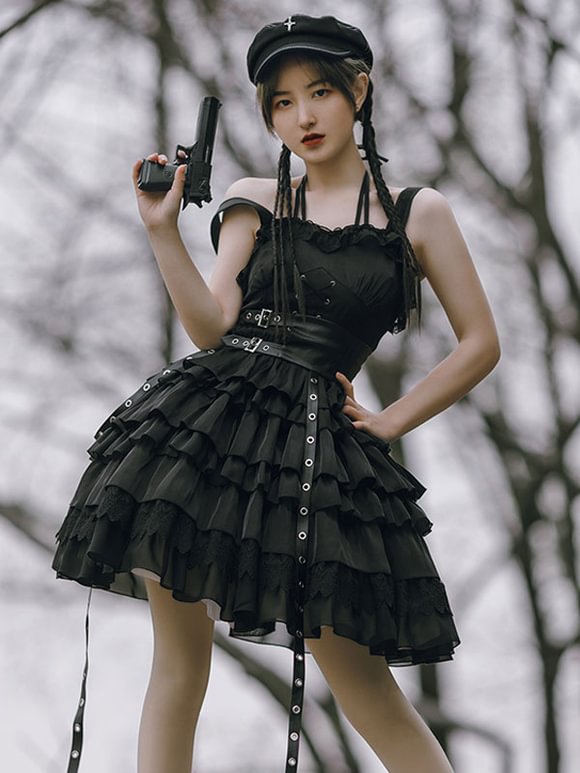 Gothic Lolita JSK Dress Black Sleeveless Lace Up Ruffles Lolita Jumper Skirt Novameme