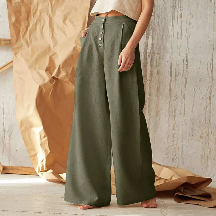 Women's Solid Color High Waist Casual Button Cotton Linen Wide Leg Pants